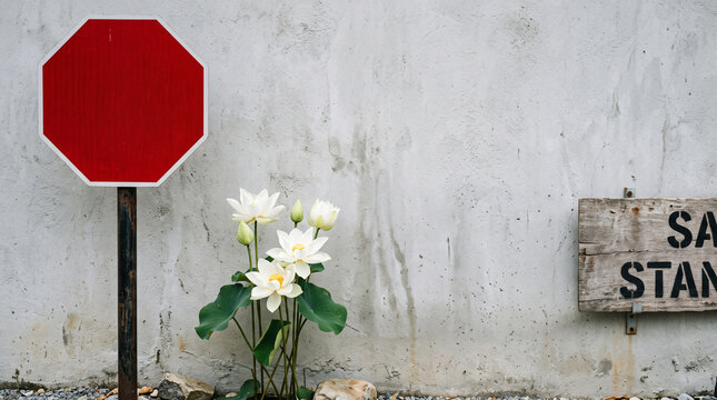 A blank red octagon stop sign stands beside white lotus flowers against a grey concrete wall with flowers front textured octagonal sign sits next blooming white environmental