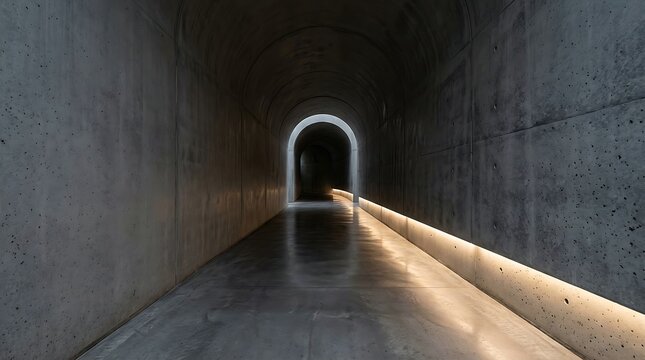 Illuminated concrete tunnel stretching towards distant light
