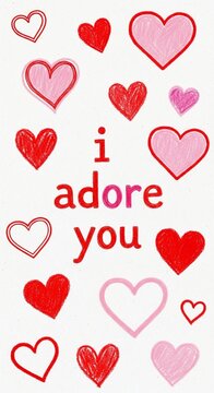 Text art: I adore you surrounded by hand-drawn hearts, pink and red, festive, romantic background.