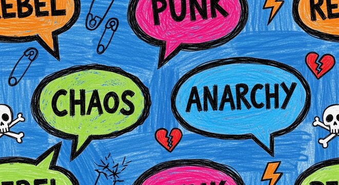 Speech bubbles with punk rock words like Chaos, Anarchy, Rebel, Punk, and symbols like safety pins and skulls on a blue background.