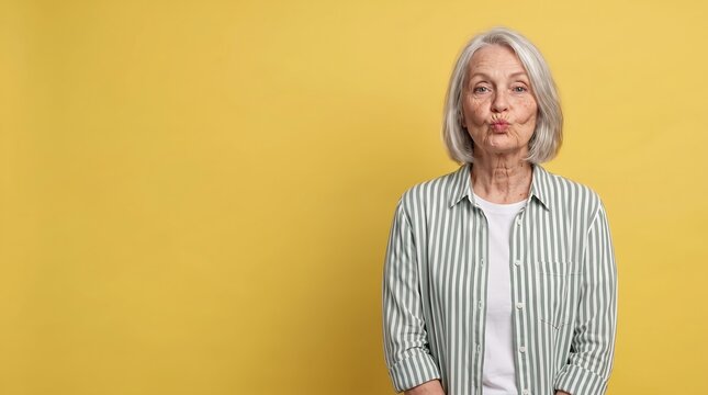 Senior woman with gray hair making a playful kissing face while standing against a yellow background with copy space