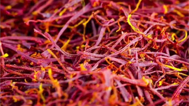 Macro close up shot of dried organic saffron threads background