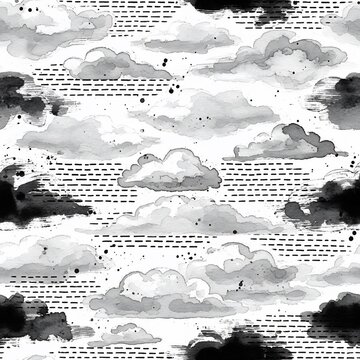 Monochromatic painted clouds and abstract dashes pattern.