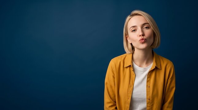 Portrait of a young blonde woman wearing a yellow shirt and white t-shirt making a pouting or kissing face expression isolated on a blue background with negative space