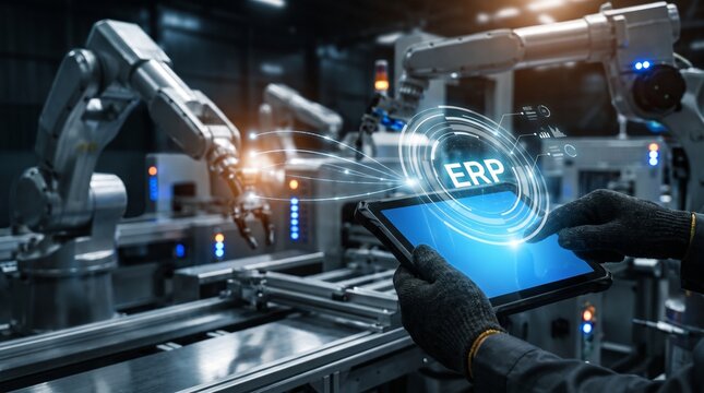 Industrial manufacturing plant with robotic arms and digital tablet control