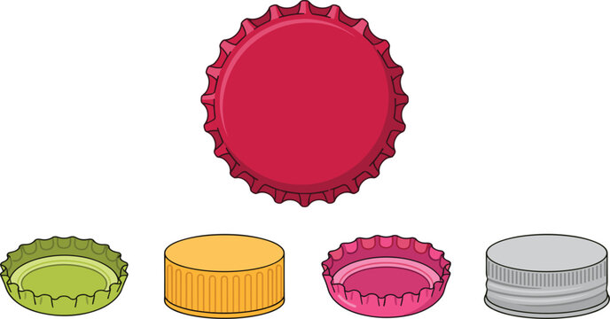 Metal crown bottle cap and plastic screw lid vector illustration set with top and side view isolated on white background