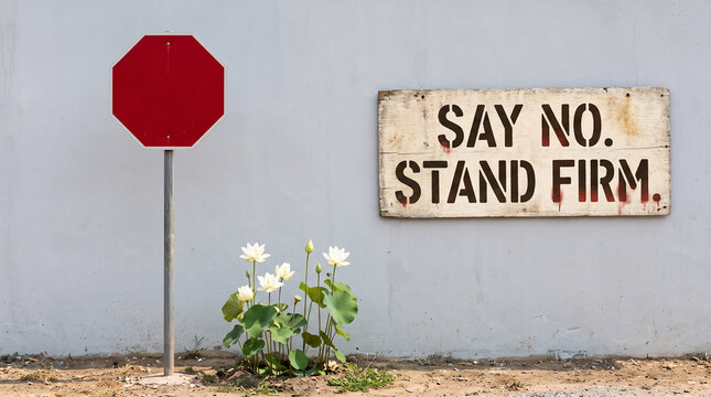 A blank red stop sign and a wooden sign with text on a gray wall with stand firm concrete stands next wooden wall lotus flowers words say stand determination empowerment with resistance