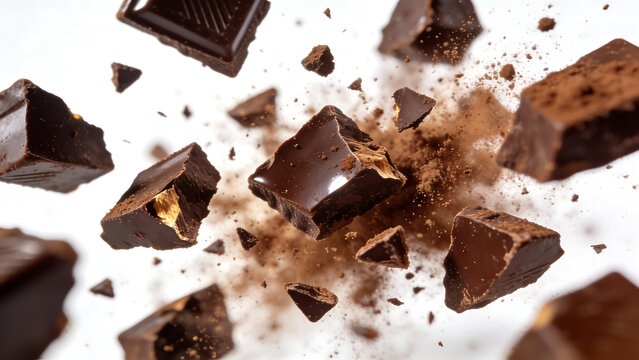 Dark chocolate chunks mid-explosion with cocoa dust spray against white background
