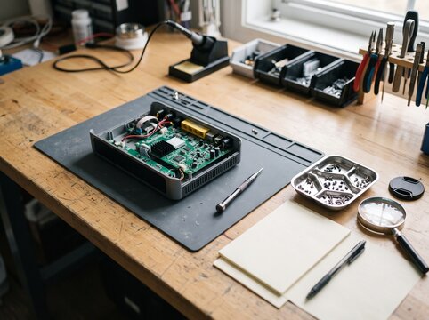 Professional electronics repair workbench, circuit board assembly on anti-static mat, engineering workspace with soldering iron and hand tools