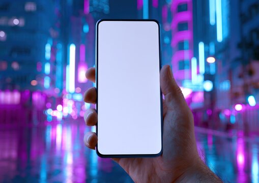 Hand holding blank screen smartphone in neon city at night