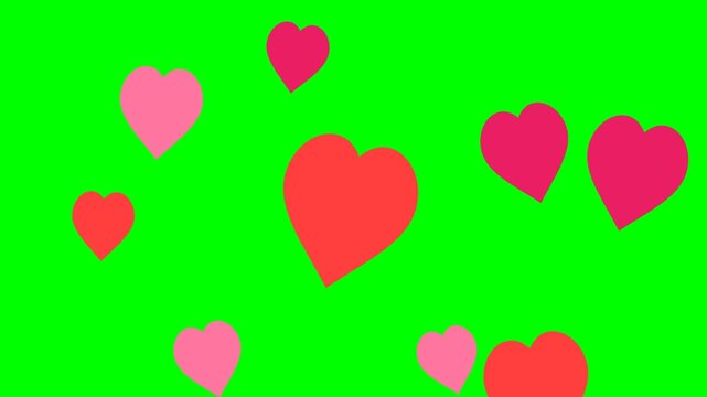 Red and pink hearts of various sizes floating against a green screen background for chroma key