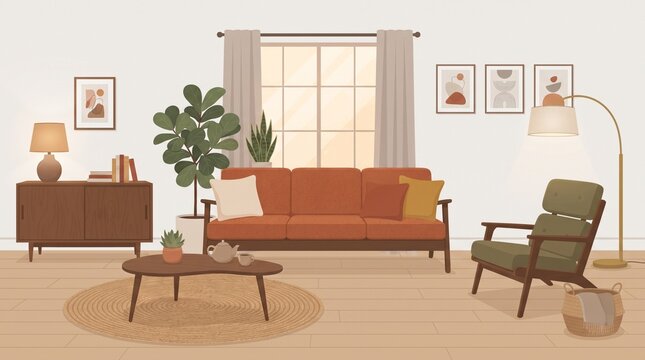 Flat vector living room design with terracotta sofa house plants and window light