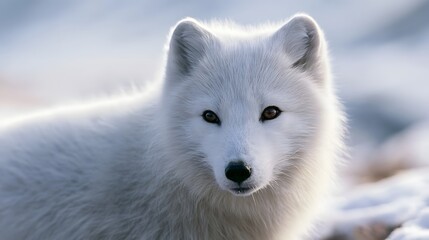 Fototapeta premium A close up of a white Arctic fox with alert ears and dark eyes looking directly at the viewer against a snowy background