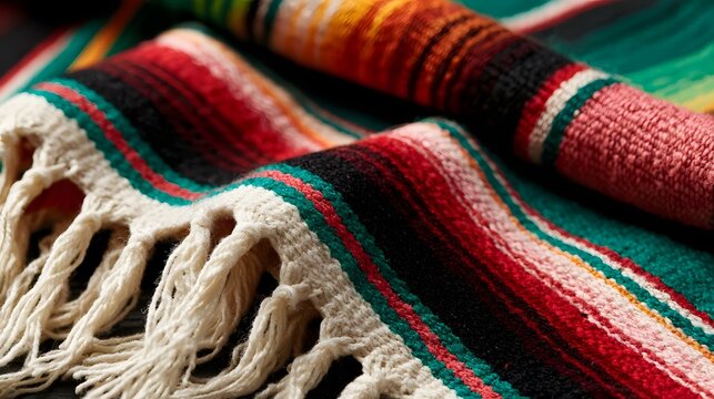 Close up of a colorful woven textile with fringed edges and bold striped patterns in red  green  black  and cream