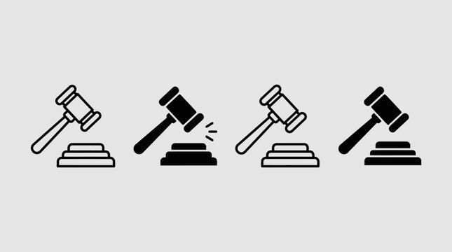 Judge gavel icon collection, legal authority symbols, courthouse auction hammer silhouettes, monochrome vector design, justice concepts.