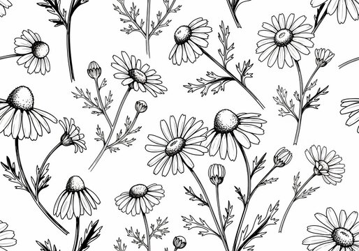 Hand-drawn white daisy floral pattern illustration on white background.