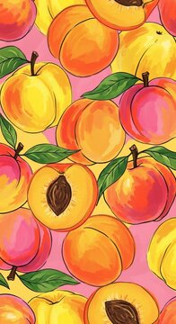 Vibrant Peach Pattern: Fresh, Ripe Fruit Assortment with Leaves, Seamless Background, Summer Produce Texture