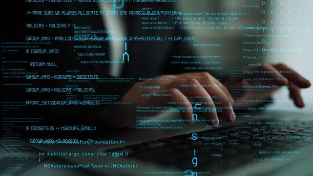 Close-up image of hands typing on a keyboard, surrounded by abstract digital code. This visual represents themes of programming, technology, and cyber security in modern workspaces. Xenic