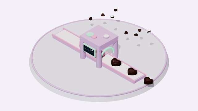 3D isometric claymorphic love factory with diagonal conveyor belt, chocolate spray nozzle coater, glossy chocolate hearts, and pulsing EKG monitor in a 4K seamless loop.