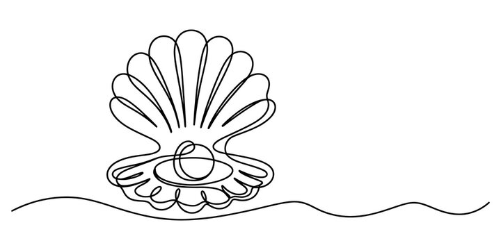 Continuous single line drawing of a seashell with a pearl inside