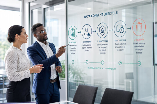Data Consent Lifecycle Presentation Explaining Request, Informed Consent, Secure Processing, Retention Limits, and Deletion for Transparent Privacy Governance