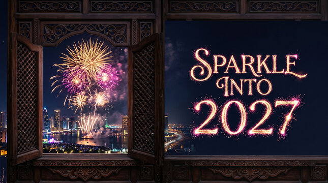 Fireworks display over city skyline viewed through an ornate carved wooden window frame at night with fireworks illuminate dark architecture pyrotechnics celebration traditional