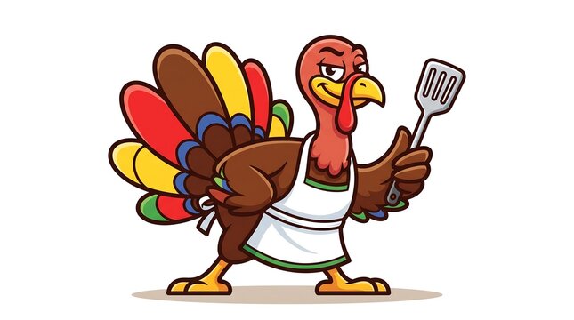 Funny Turkey Chef Mascot Illustration Holding Spatula and Wearing White Apron for Thanksgiving BBQ Party Promotion and Grilling Event Banner Design