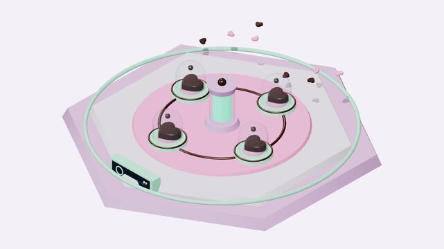 3D isometric claymorphic love factory featuring a hexagonal rotary carousel with 4 glass incubation domes, pulsing rose gold hearts, and mint neon glow in a 4K loop.