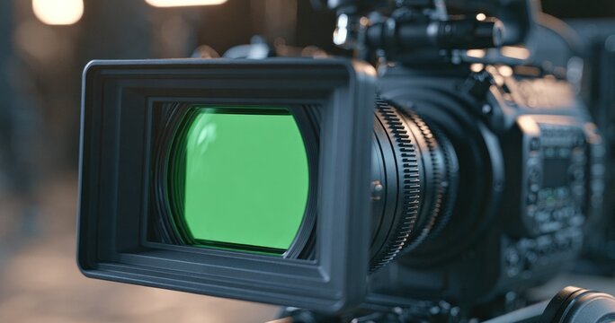 Professional video camera with green screen viewfinder for production
