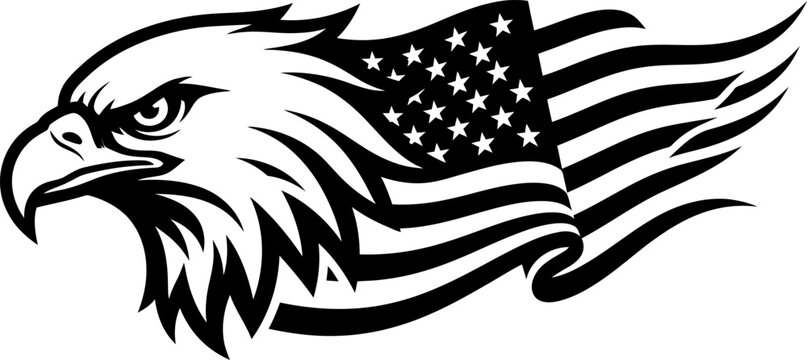 Black silhouette vector illustration of an American bald eagle head combined with a waving United States flag with stars and stripes for patriotic and national designs.