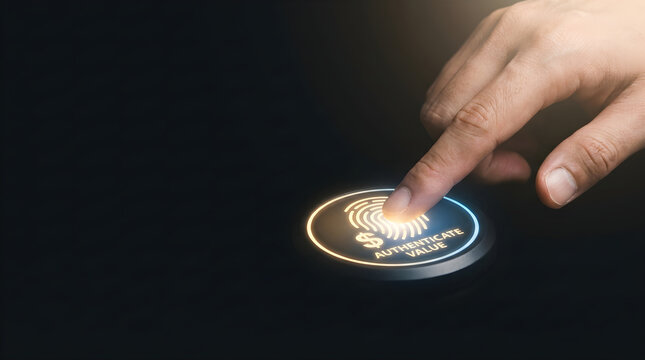 A hand pressing a glowing fingerprint scanner button for financial authentication on a dark surface