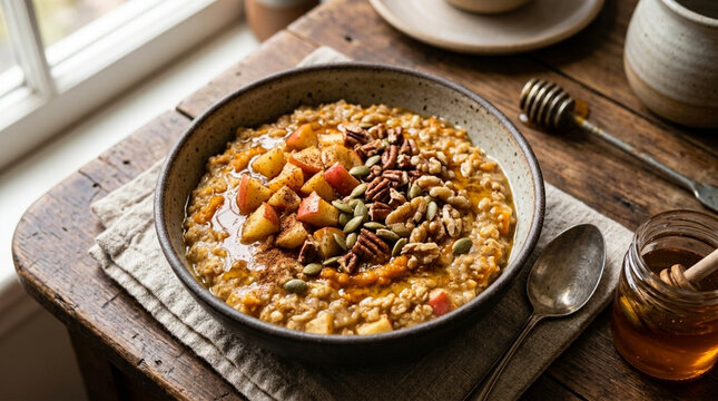 Warm Autumn Oatmeal Bowl with Apple Nuts and Honey Drizzle Cozy Breakfast