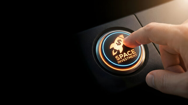 A human finger pressing a glowing start button labeled with space investment