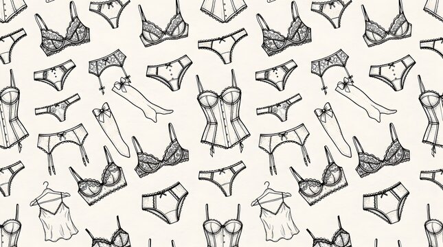 Seamless lingerie line art pattern with bras, panties, camisoles, bodysuits, hangers, and delicate underwear sketches on light background for fashion textiles, boutique packaging, apparel branding, an
