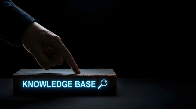A person pointing a finger at a glowing knowledge base text on a dark book