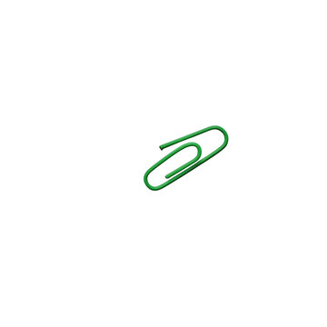Single green paper clip isolated on white background