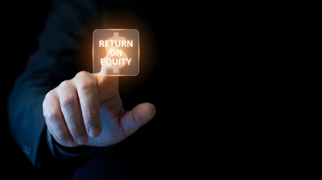 Business person touching a virtual return on equity button on a digital interface screen