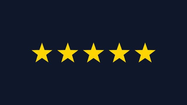 Five bright yellow stars aligning horizontally in a row on a dark blue background representing customer review and rating excellence