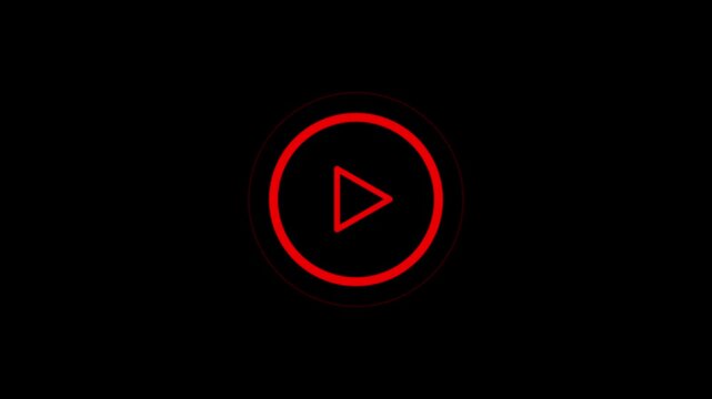 Minimalist RED video play button icon on a black background. 4K ANIMATION VIDEO
