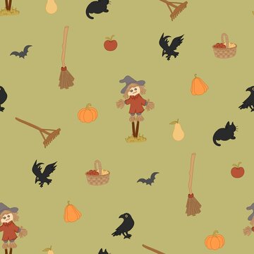Autumn Harvest Field seamless pattern background featuring pumpkin, apple, pear, scarecrow, crow, black cat,  tiny bat, rake, and broom