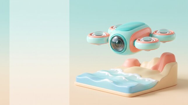 Pastel drone hovering over a miniature coastal landscape with copy