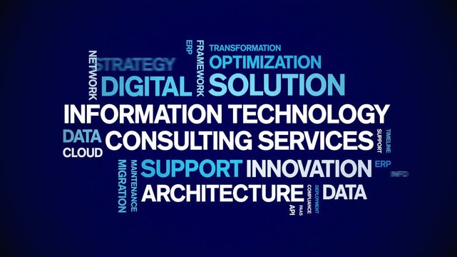 information technology consulting services animated word cloud-animation tag kinetic typography seamless loop.