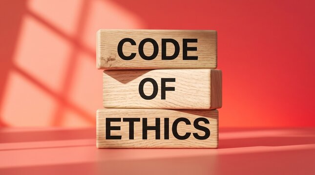 Wooden blocks displaying code of ethics, integrity, compliance, accountability.