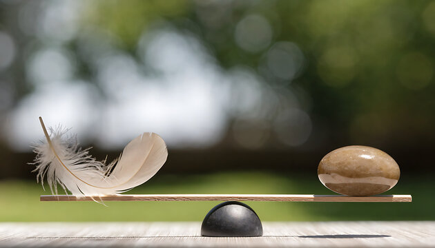Delicate balance beam with feather and egg symbolizing harmony and