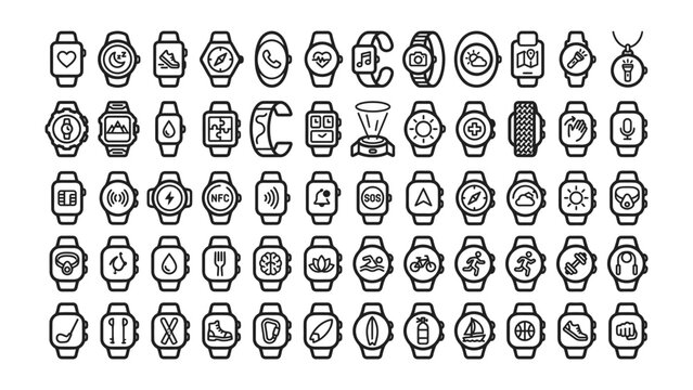 Smartwatch Icons Collection: A comprehensive set of icons designed for smartwatches, illustrating various functions and applications, presented in a clean, modern line-art style.