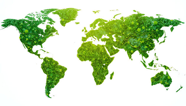 Green world map made of plants on white background