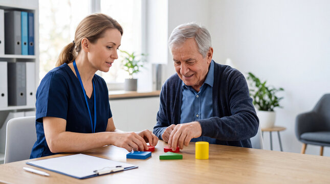 Neurologist conducts cognitive assessment with senior patient using geometric objects to evaluate memory, attention and thinking skills during neurological examination.