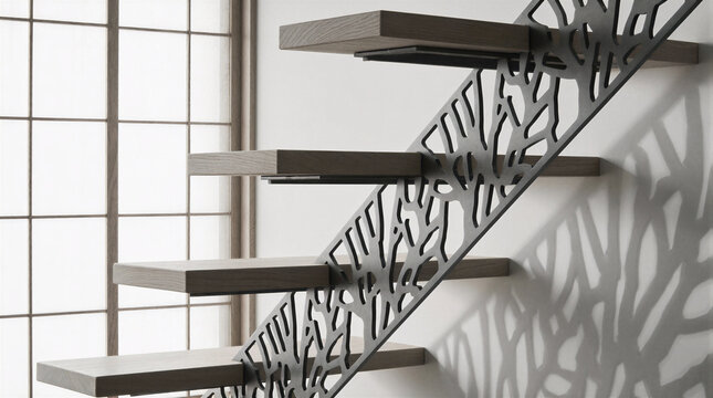 Minimalist architectural staircase featuring a 10mm thick laser-cut folded steel plate stringer supporting 60mm ash treads