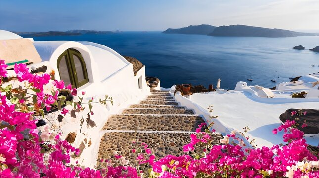 Beautiful Santorini staircase scene with blooming pink bougainvillea, white cave architecture, curved doorway, deep blue sea, volcanic islands, and bright Mediterranean light for Greece tourism and lu