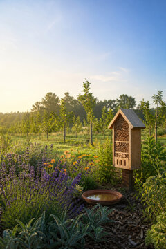 Orchard Pollinator Habitat with Copy Space for Biodiversity, Sustainable Farming and Conservation Campaigns